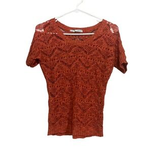 maurices Women Orange Crochet Knit Short Sleeve V Neck Sweater Top Size S Holey